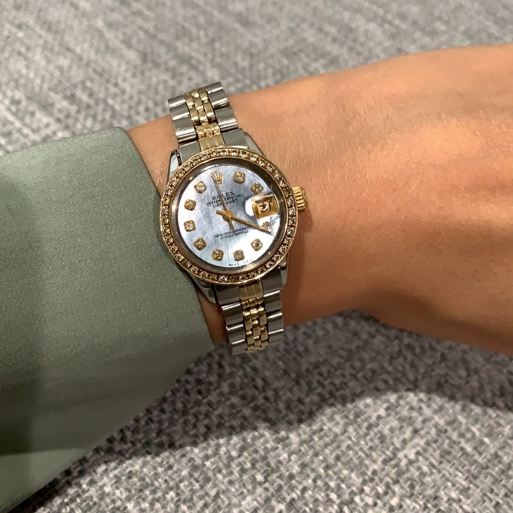 Two tone Rolex Datejust 26mm with aftermarket diamond dial and bezel